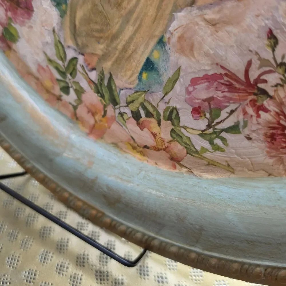 Upcycled 15 Inch Round Metal Tray with Vintage Angel & Floral Decoupage